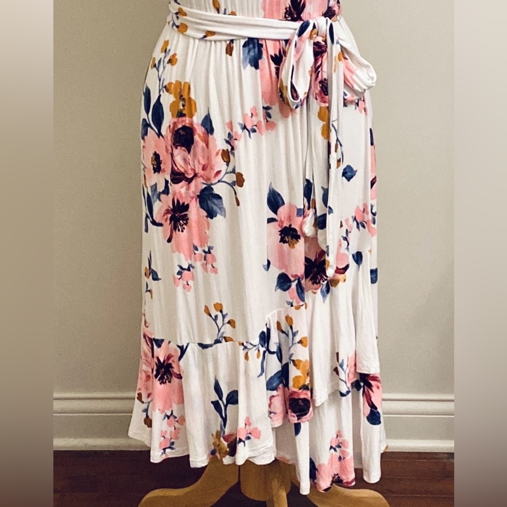 Levaca White Blue Pink Floral SZ S Romantic Boho Chic Coastal Ruffled Dress - Picture 3 of 12